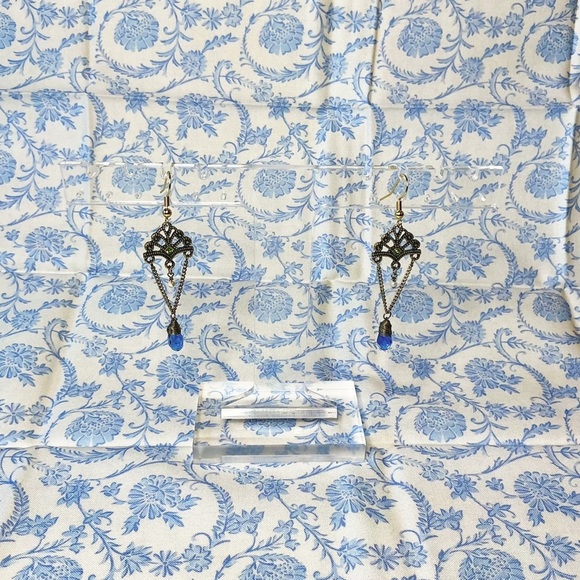 Antique Gold Blue Gemstone Green Crystal Teardrop Dangle Earrings Hand Crafted - Picture 5 of 9